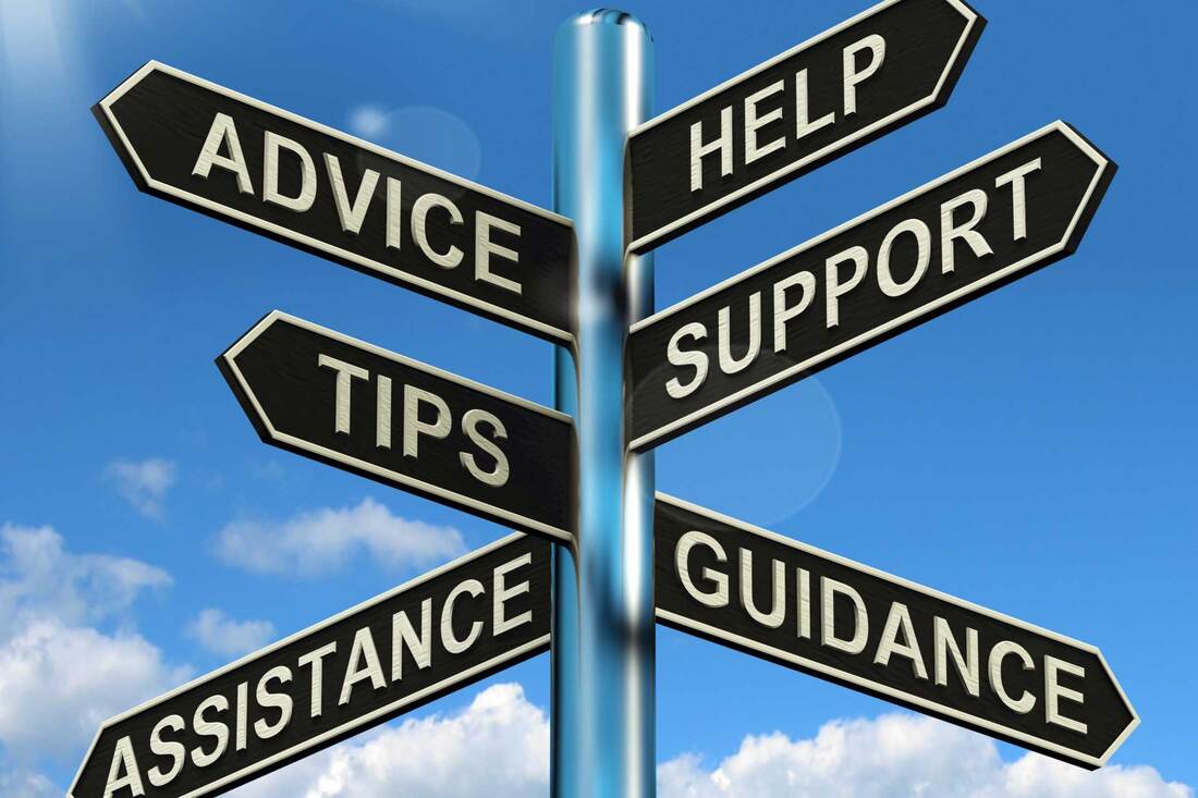 Street signs pointing to advice, help, support, tips, assistance, guidance